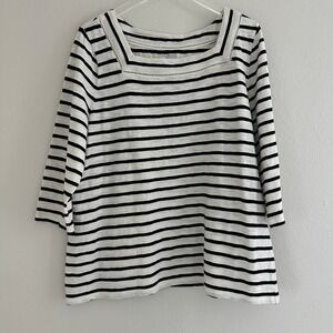 Talbots Top Women 2X White Black Striped Square Neck Slub Cotton  Nautical